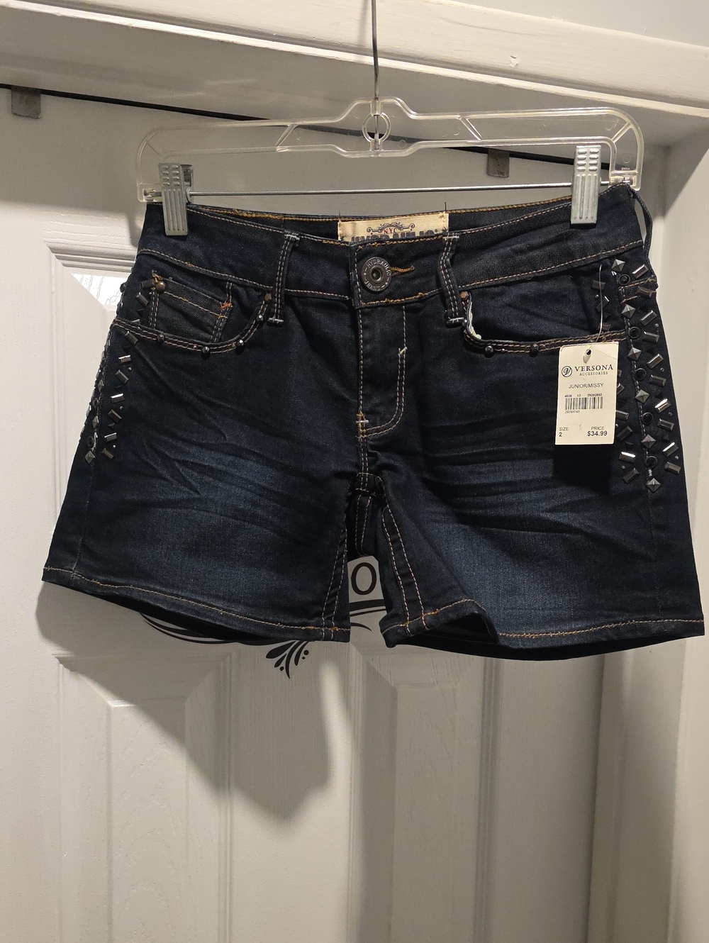 Hydraulic Dark Wash Denim Shorts with Stud Trim - Blue